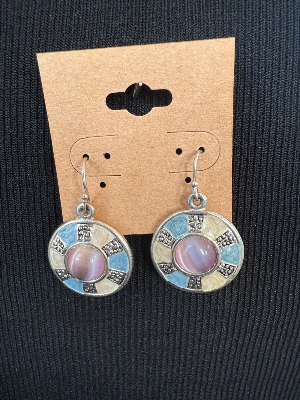 Silver-Tone Pink and Blue Enamel Drop Earrings